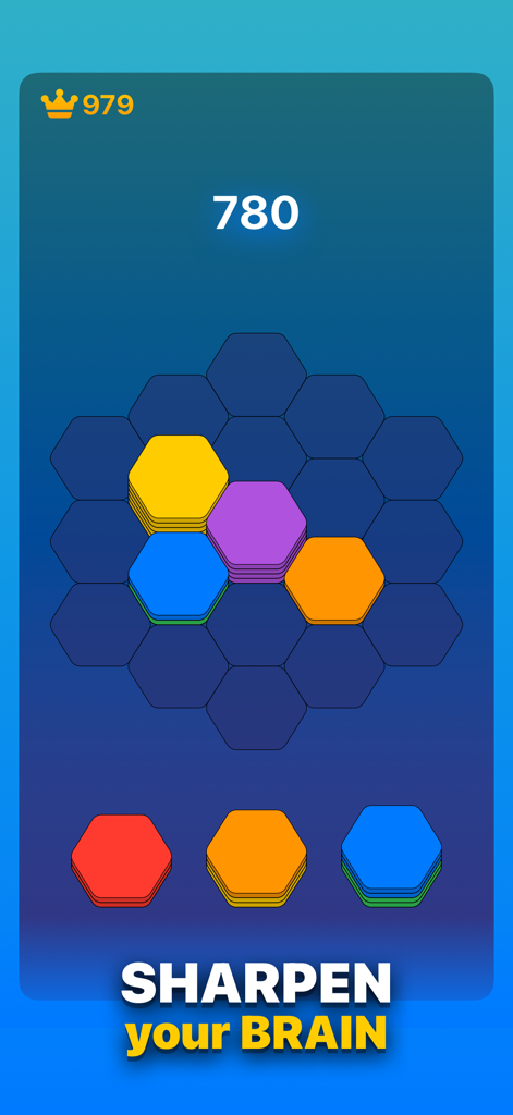 Hexa Sort Jam - Hexagonal grid with colorful block stacks and the text Sharpen your brain