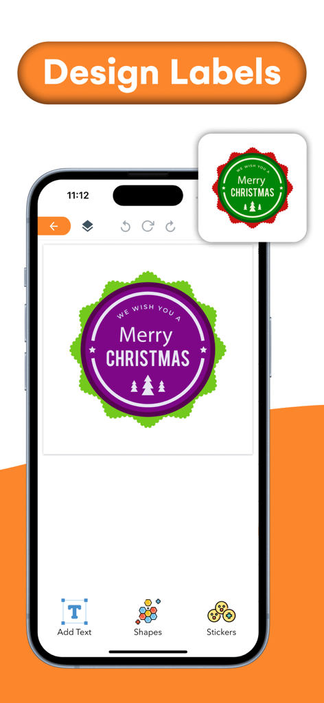 AI Label Maker, Logo Generator - Una interfaz de smartphone que muestra una etiqueta de Feliz Navidad en morado y verde editándose en la aplicación de diseño.