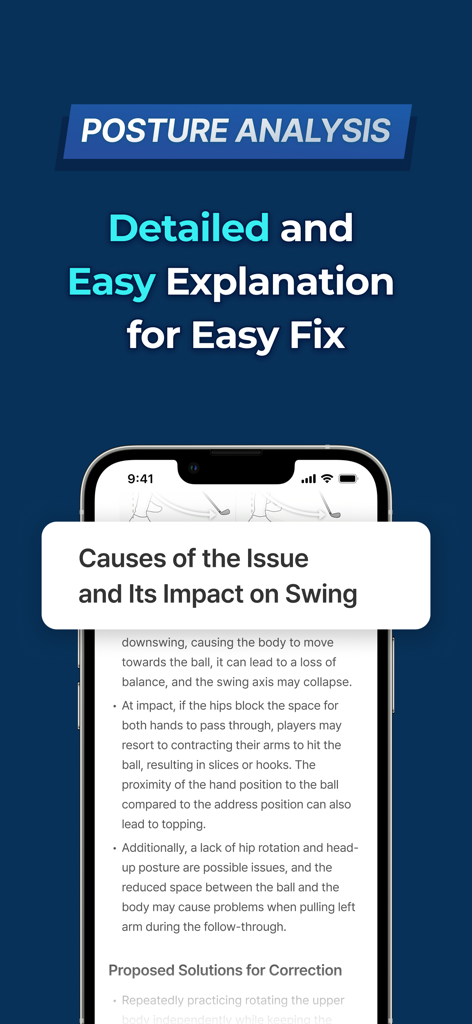 Una pantalla de aplicación móvil que muestra un análisis detallado de la postura con IA y explicaciones escritas para solucionar problemas del swing de golf.
