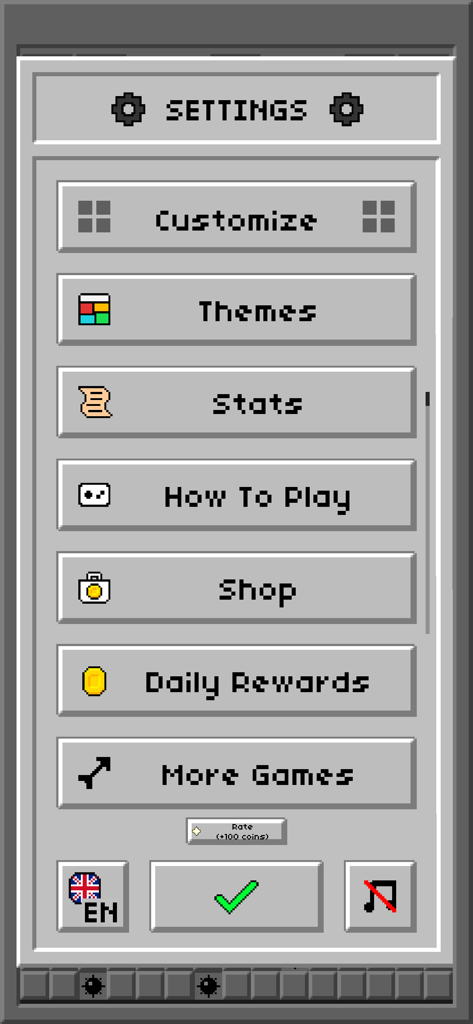 Minesweeper Classic: Retro - Menu des paramètres du jeu Démineur Classique Rétro avec des boutons pixelisés et une interface grise classique.
