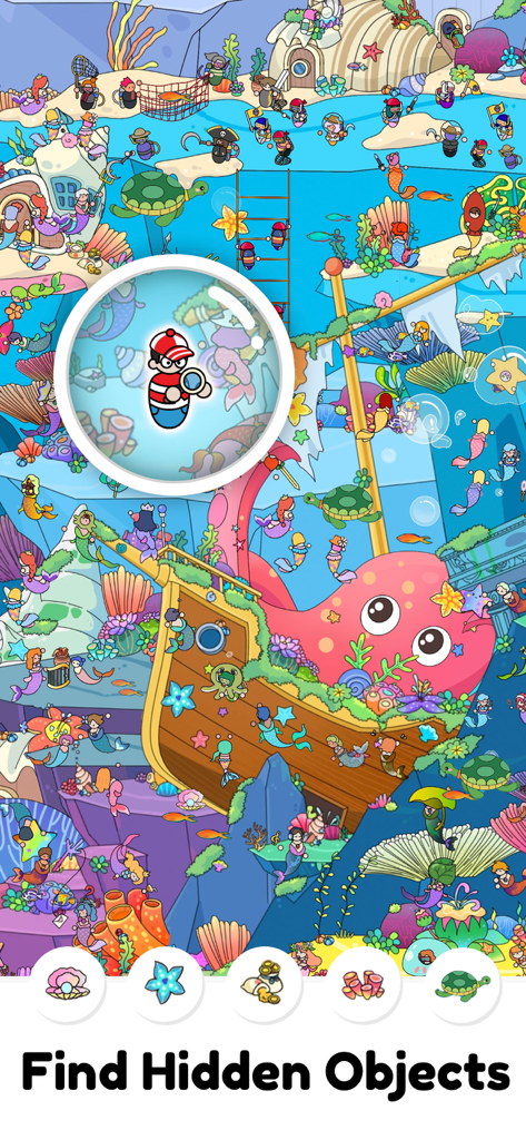 Find It: Hidden Objects Game - Ein buntes Unterwasser-Wimmelbildrätsel mit Meerjungfrauen und einer Lupe.