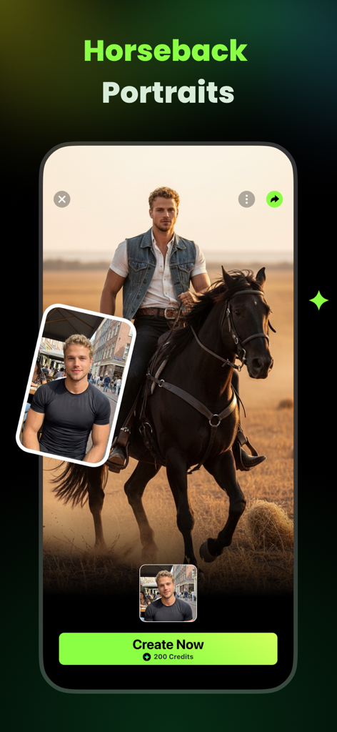 AI Catch: AI Video Generator - AI portrait generator transforming a casual selfie into a cinematic horseback scene