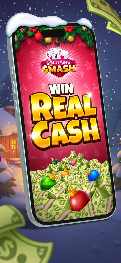 Solitaire Smash app screen featuring win real cash prizes text and stacks of money with a festive winter theme