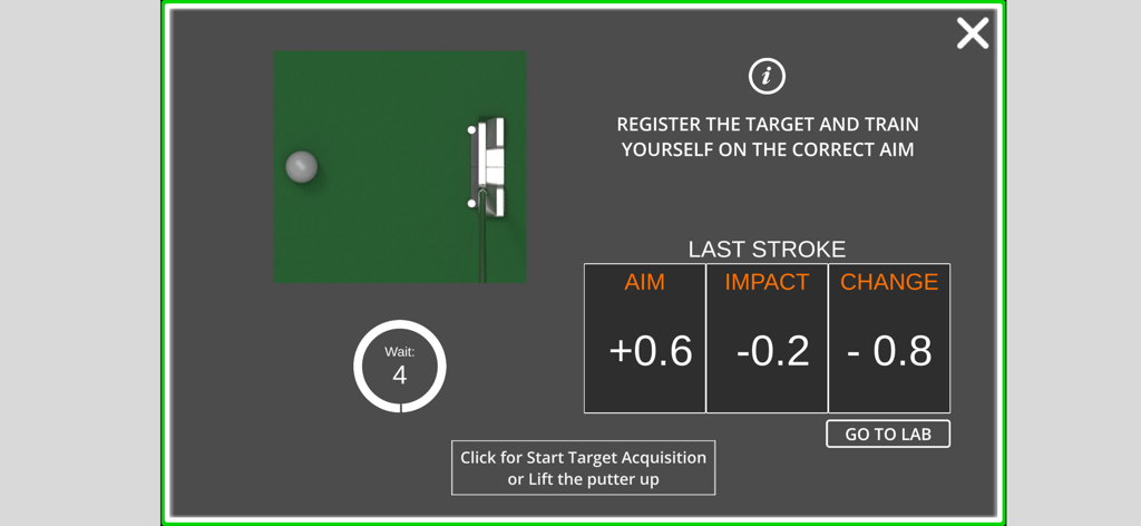 Capto Golf app screen showing real time putting aim and impact analysis data