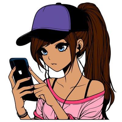 realistic girl with a long ponytail and trucker hat holding an iphone