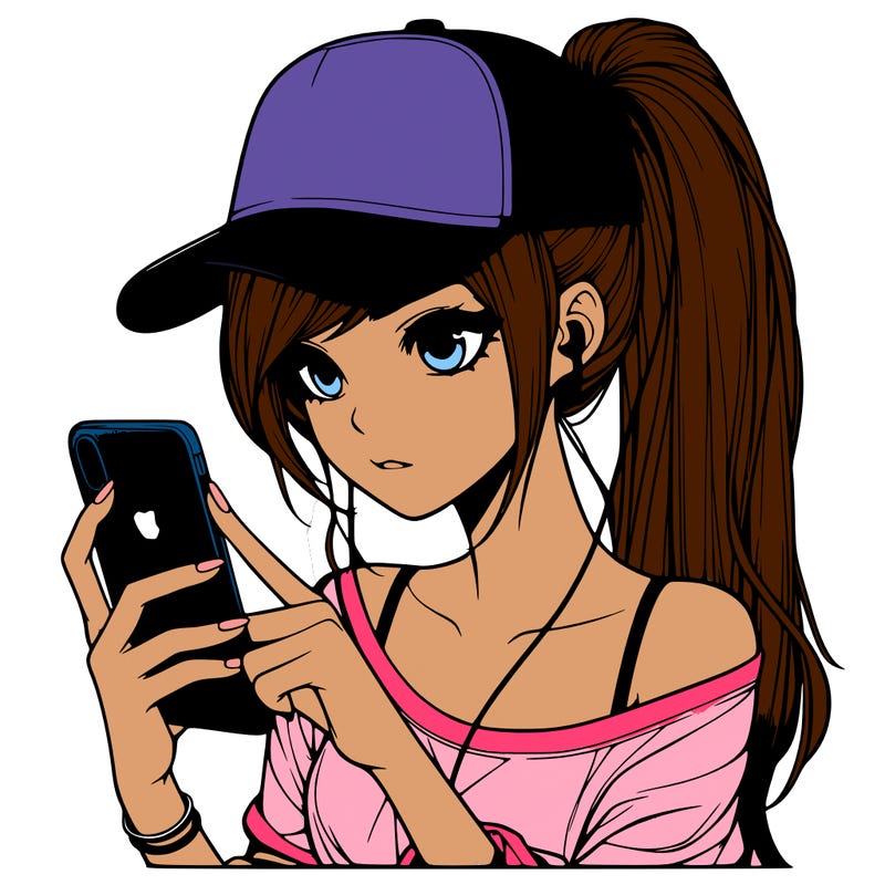 realistic girl with a long ponytail and trucker hat holding an iphone