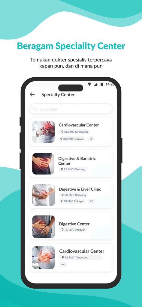Mobile app screen displaying various medical specialty centers including cardiovascular and digestive clinics with a search bar for doctors.