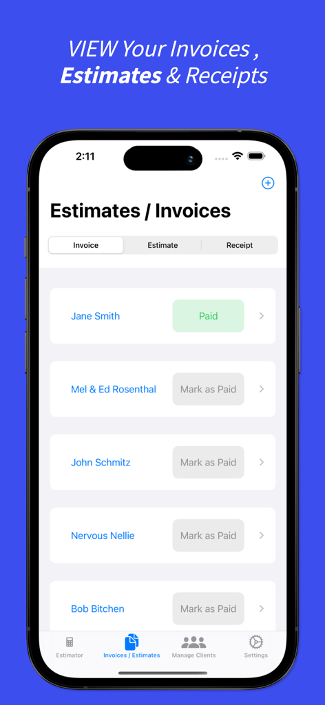 Window Cleaning Estimator app screen showing a list of client invoices and estimates with their payment status.