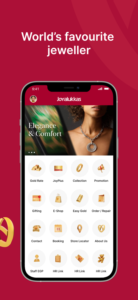 Joyalukkas - Écran d'accueil de l'application de bijoux Joyalukkas affichant des fonctionnalités telles que le taux d'or quotidien, les collections et la boutique en ligne