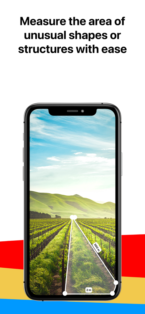 AR measurement feature in Field Area Measure app showing length and width of a vineyard row