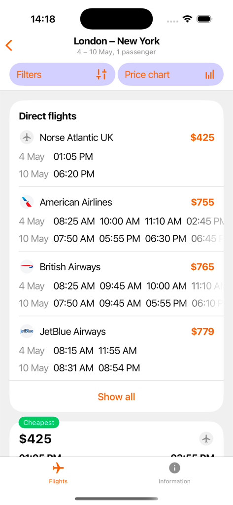 Cheap Airline Tickets Finder app screen showing flight search results from London to New York with prices from Norse Atlantic, American Airlines, and British Airways.
