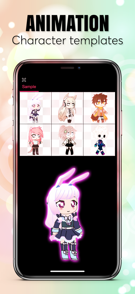 Mobile app interface showing Gacha character templates for animation.