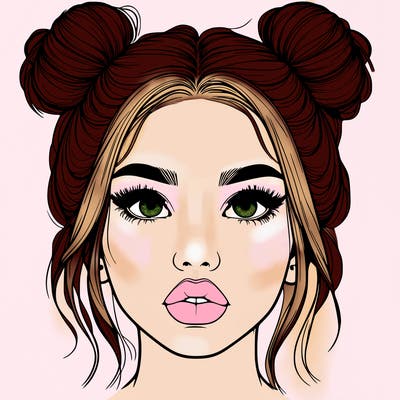 realistic girl with two buns on her hair and lips