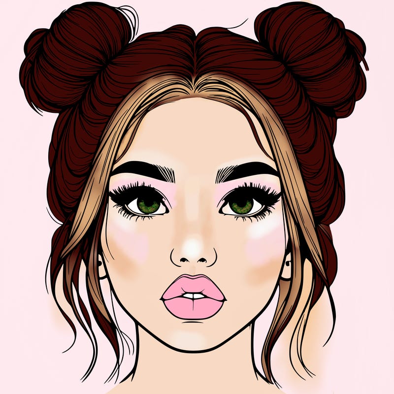 realistic girl with two buns on her hair and lips