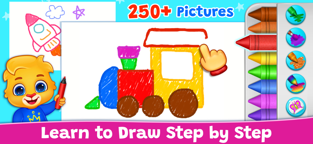 Crianças desenhando um trem colorido passo a passo no aplicativo Jogos de Desenho