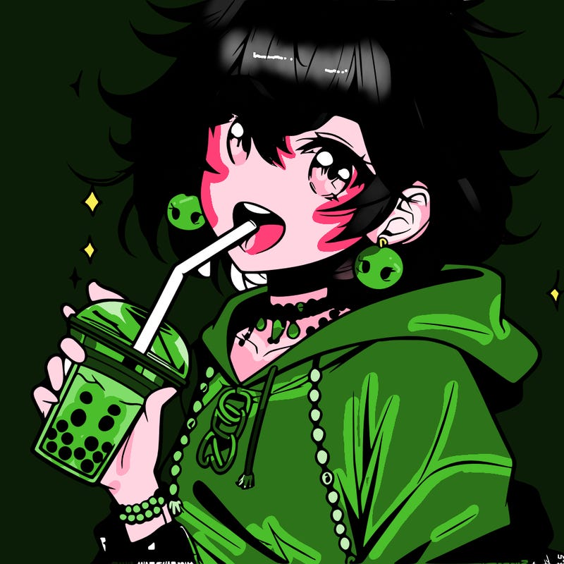 hot baddie anime girl drinking boba and biting the straw