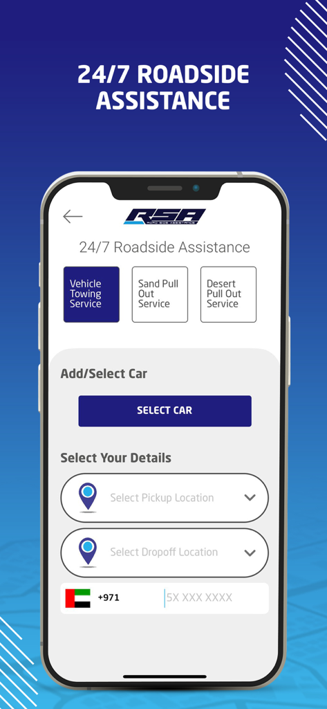 Rafid - Pantalla de asistencia en carretera 24/7 de la aplicación Rafid que incluye servicios de remolque y rescate en el desierto.