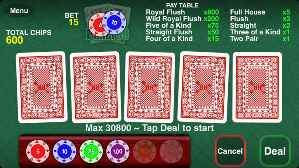 Poker 88 - Jacks or Better - Interfaz del juego de video poker Poker 88 con cinco cartas boca abajo y una tabla de pagos sobre un fondo verde