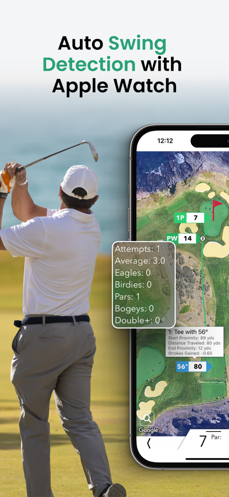 Roundabout - Golf GPS Tracker - A golfer swinging a club next to an iPhone screen displaying the Roundabout app with automatic swing detection and GPS course tracking