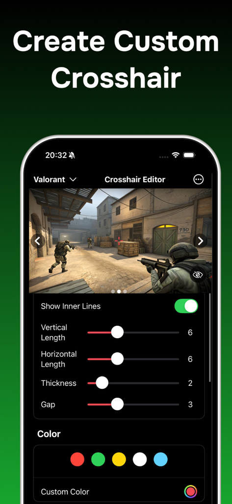 Custom Crosshair Aim Hero - Custom crosshair editor interface for FPS games with adjustment sliders and color picker