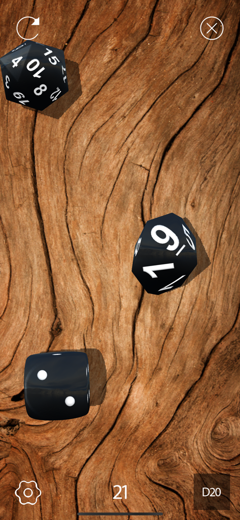 Nice Dice Roller 3D - Three black 3D dice including a D20 on a realistic wooden surface showing a total score of twenty-one