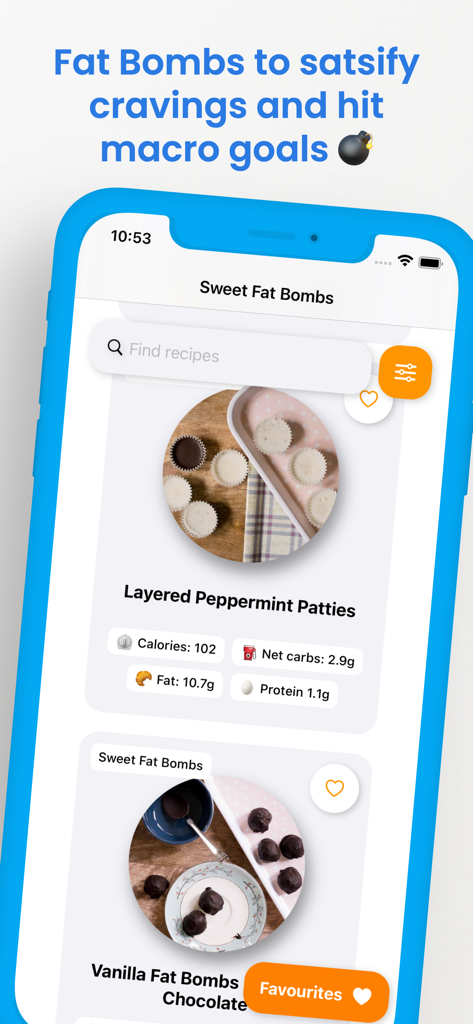 Keto Diet Recipes - Keto Diet Recipes app interface showing fat bomb recipes and nutritional macros