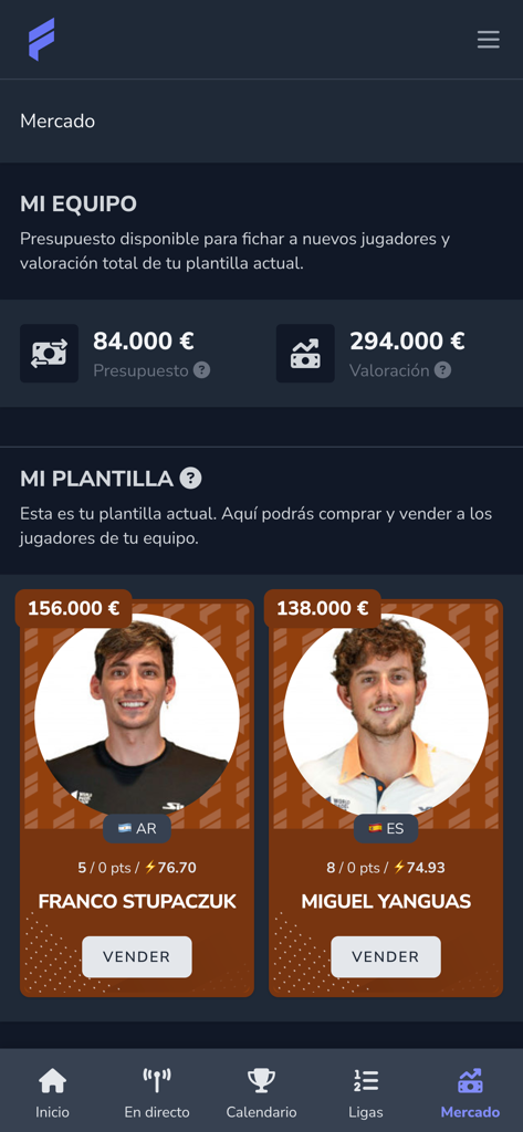 Fantasy Padel Tour - Interface of the Fantasy Padel Tour app showing the transfer market and current squad with professional players and budget information