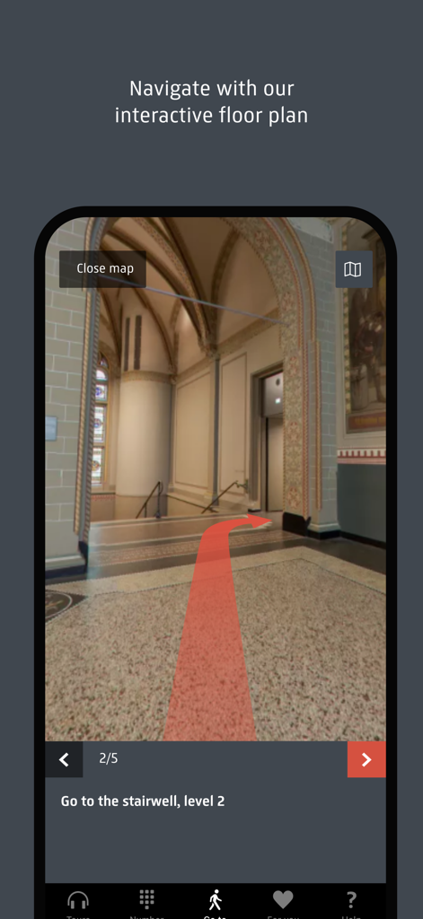 A screenshot of the Rijksmuseum app showing an indoor navigation feature with a red arrow directing a user through a museum hallway