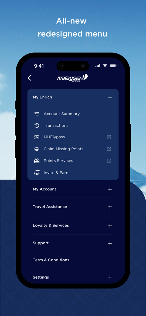 Menu ridisegnato dell'app Malaysia Airlines con dettagli sul programma fedeltà Enrich e opzioni di gestione dell'account