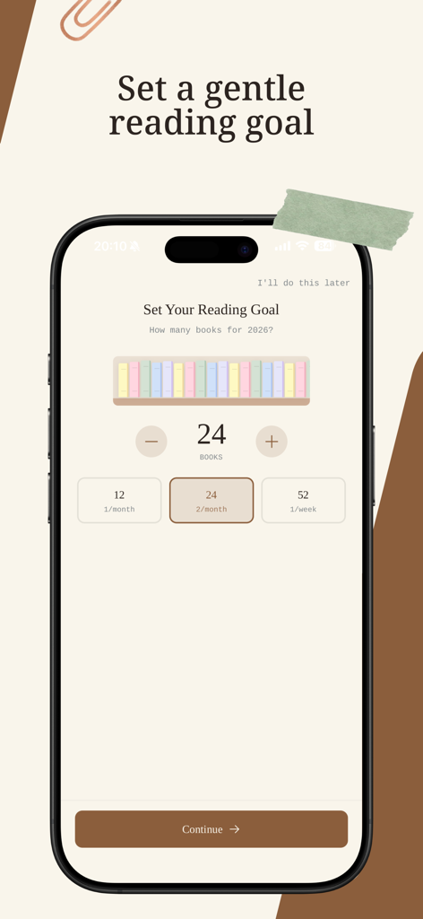 Book Tracker & Journal - Alia - A screenshot of the Alia app showing a gentle reading goal setup screen with a minimalist scrapbook aesthetic.