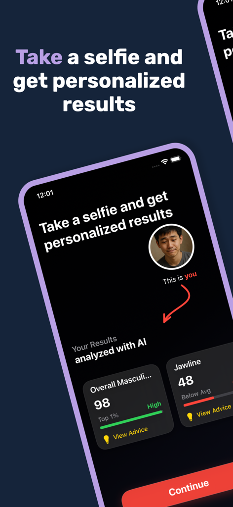 LooksMax AI Private Face Rater - LooksMax AI App-Oberfläche zeigt ein Selfie eines Benutzers mit personalisierten Gesichtsratings für Maskulinität und Kieferstruktur.