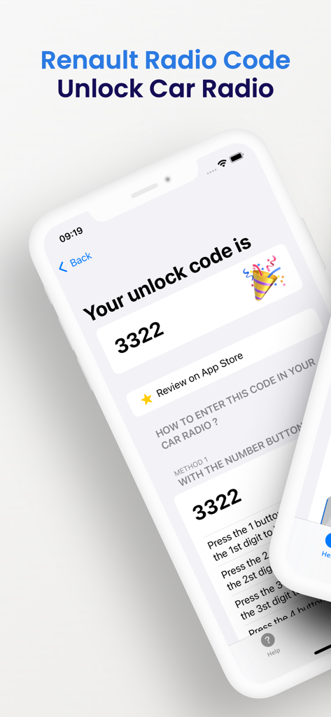Car Radio Code - Rena - App-Bildschirm mit einem 4-stelligen Radiosperrcode und schrittweisen Anweisungen zur Eingabe
