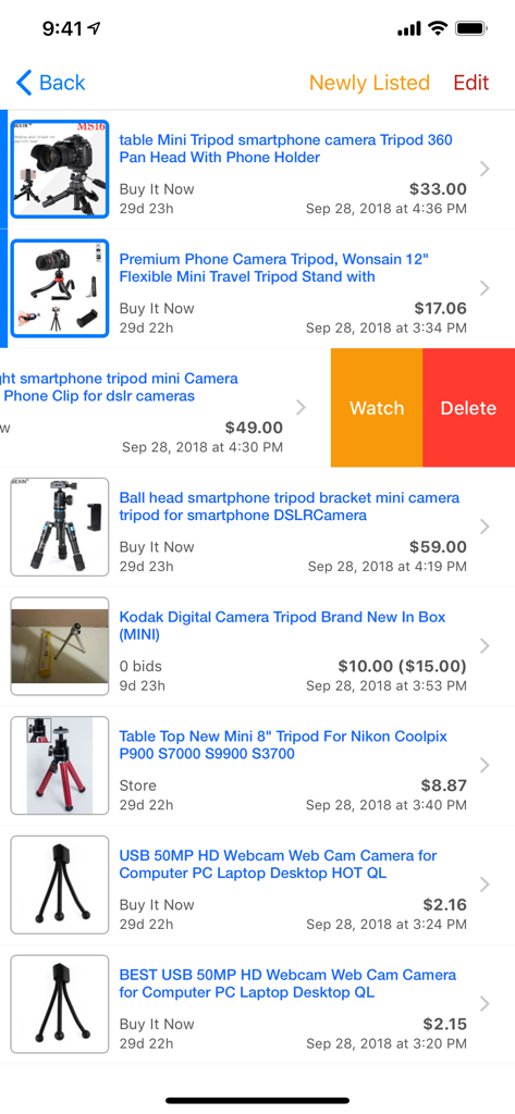 A screenshot of the BayWatch app showing a list of newly listed camera tripods on eBay with options to watch or delete entries.