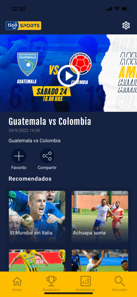 Tigo Sports Guatemala - Tigo Sports Guatemala app interface showing a soccer match preview between Guatemala and Colombia with recommended videos