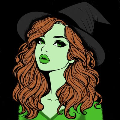 realistic witch girl with wavy hair and lips