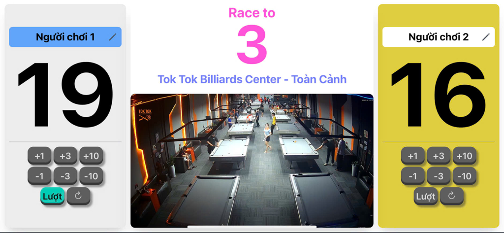 Camera Live app interface showing a live IP camera stream of a billiards hall with a digital scoreboard overlay for two players.