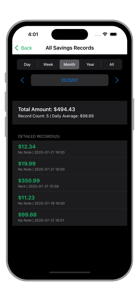 Mobile app screen displaying a summary of monthly savings records including total amount and a detailed transaction list.