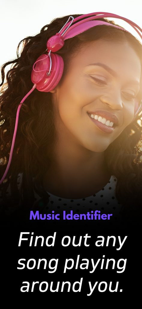Music Identifier - Music Identifier app screen featuring a woman with pink headphones and the text Find out any song playing around you.