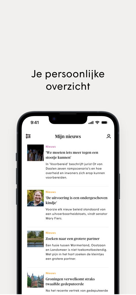 Binnenlands Bestuur Nieuws App - A mobile screen showing the personalized news feed within the Binnenlands Bestuur app for governance professionals