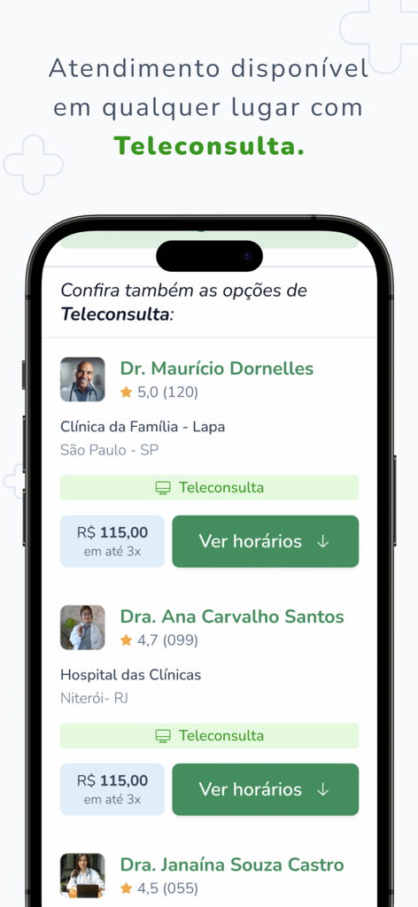 Medprev app screen showing a list of doctors available for teleconsultation with their prices and ratings.