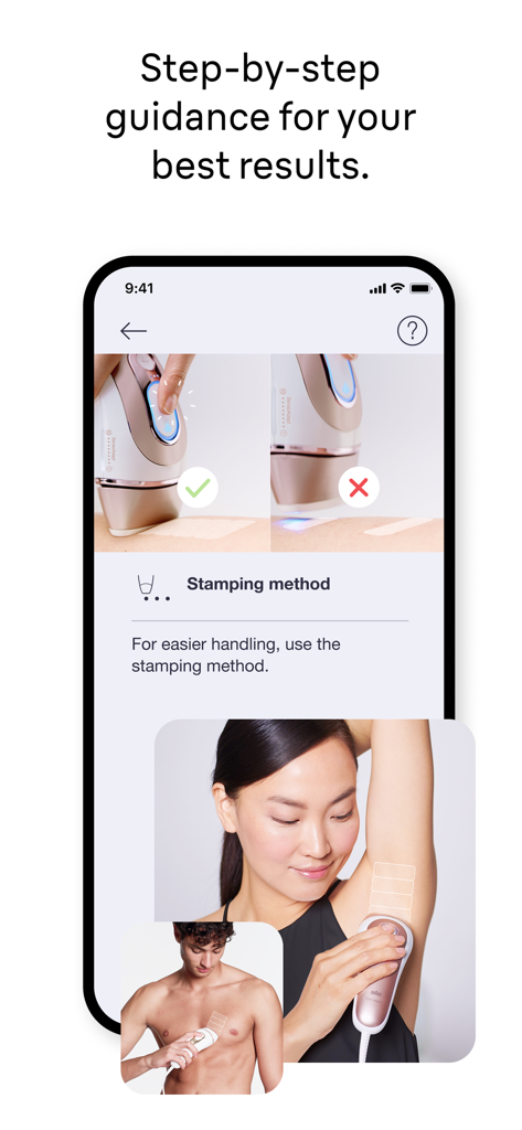 Pantalla del tutorial de la app Braun IPL que muestra una guía paso a paso sobre el método de sellado para la depilación