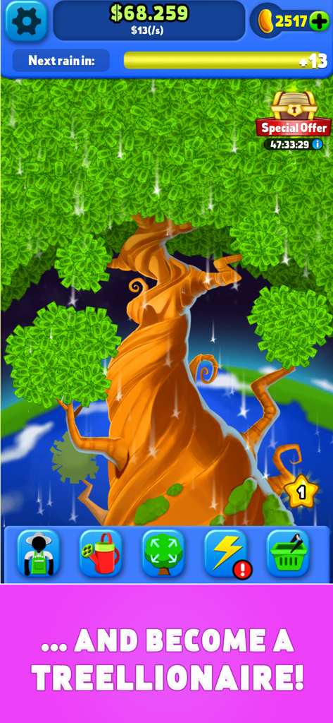 Uma árvore grande com folhas de dinheiro chovendo notas de dólar na interface do jogo mobile Money Tree
