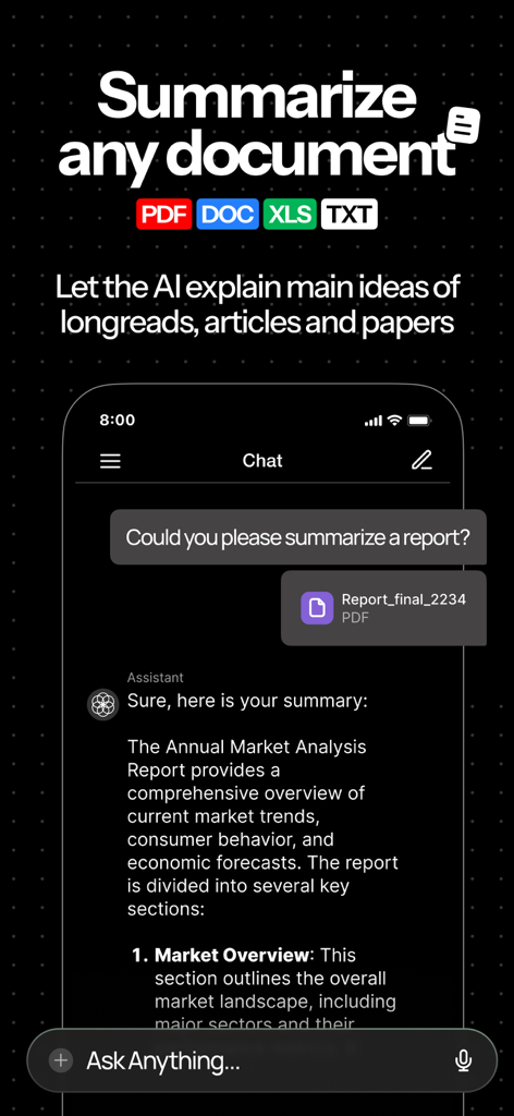 Genora AI – Chat bot & Search - A screenshot of the Genora AI app showing its ability to summarize documents like PDFs and reports within its chat interface.