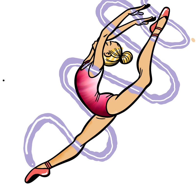 gymnast doing a leap in a leotard with a bent back leg