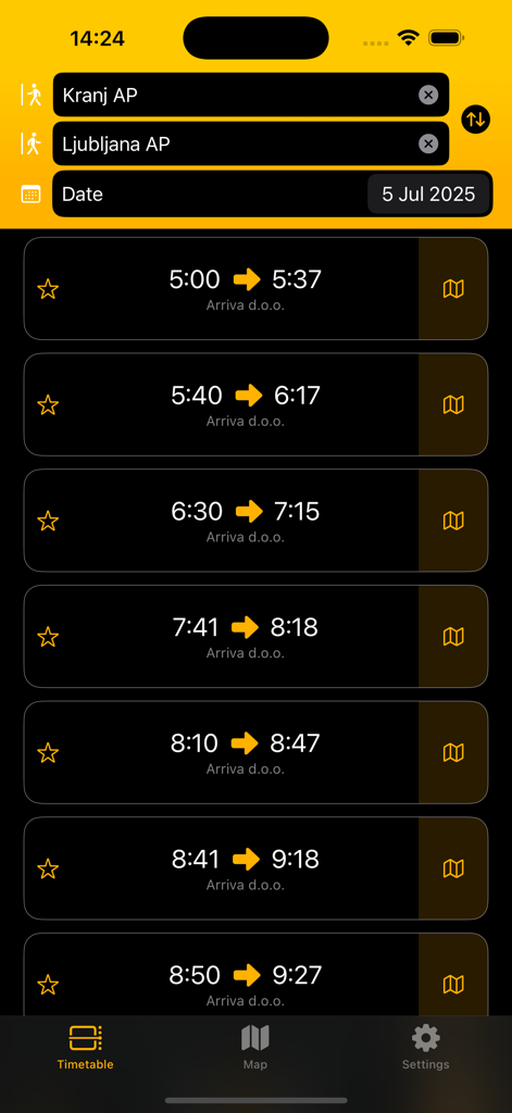 Slo-Motion App-Oberfläche, die einen Busfahrplan von Kranj nach Ljubljana mit Abfahrts- und Ankunftszeiten anzeigt