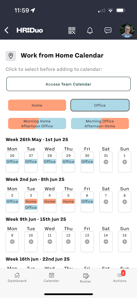 HR Duo Go - HR Duo Go app interface showing a work from home calendar with options to select office or home locations for daily schedules
