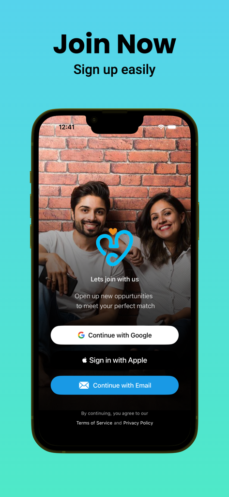 Hridhayam - Hridhayam dating app signup screen featuring a smiling Malayali couple and social login options.