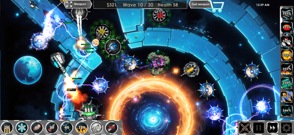 Strike Zone Galaxy Siege - Top down view of a sci fi tower defense game with futuristic towers attacking alien space ships over a cosmic background