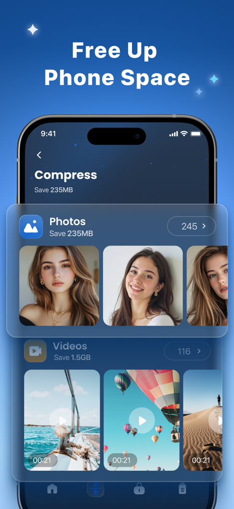 AI Cleaner - Photos&Videos - Interfaz de la aplicación AI Cleaner que muestra opciones para comprimir fotos y videos para liberar espacio de almacenamiento del teléfono
