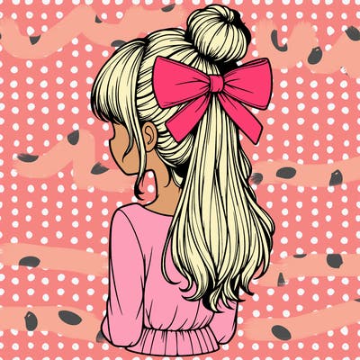 realistic girl  with hip length hair a bun and a big bow on the back of head
